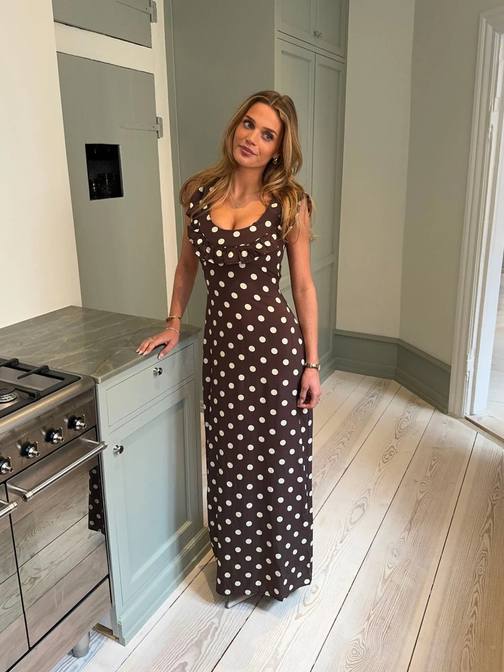 Luna polka dot maxi dress in brown and cream, full-length front view